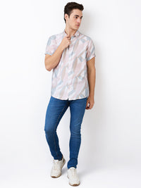 Men Shirt Print Pink Slim Fit
