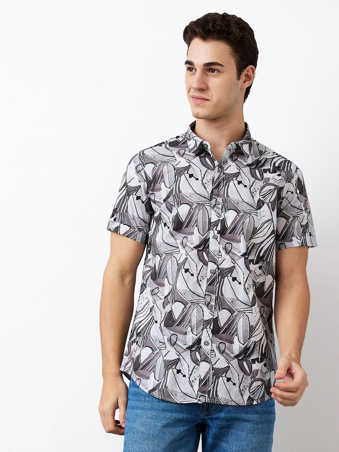 Spykar Grey Slim Fit Printed Half Sleeve Shirt For Men