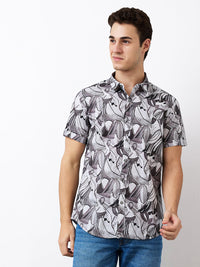 Men Shirt Print Grey Slim Fit