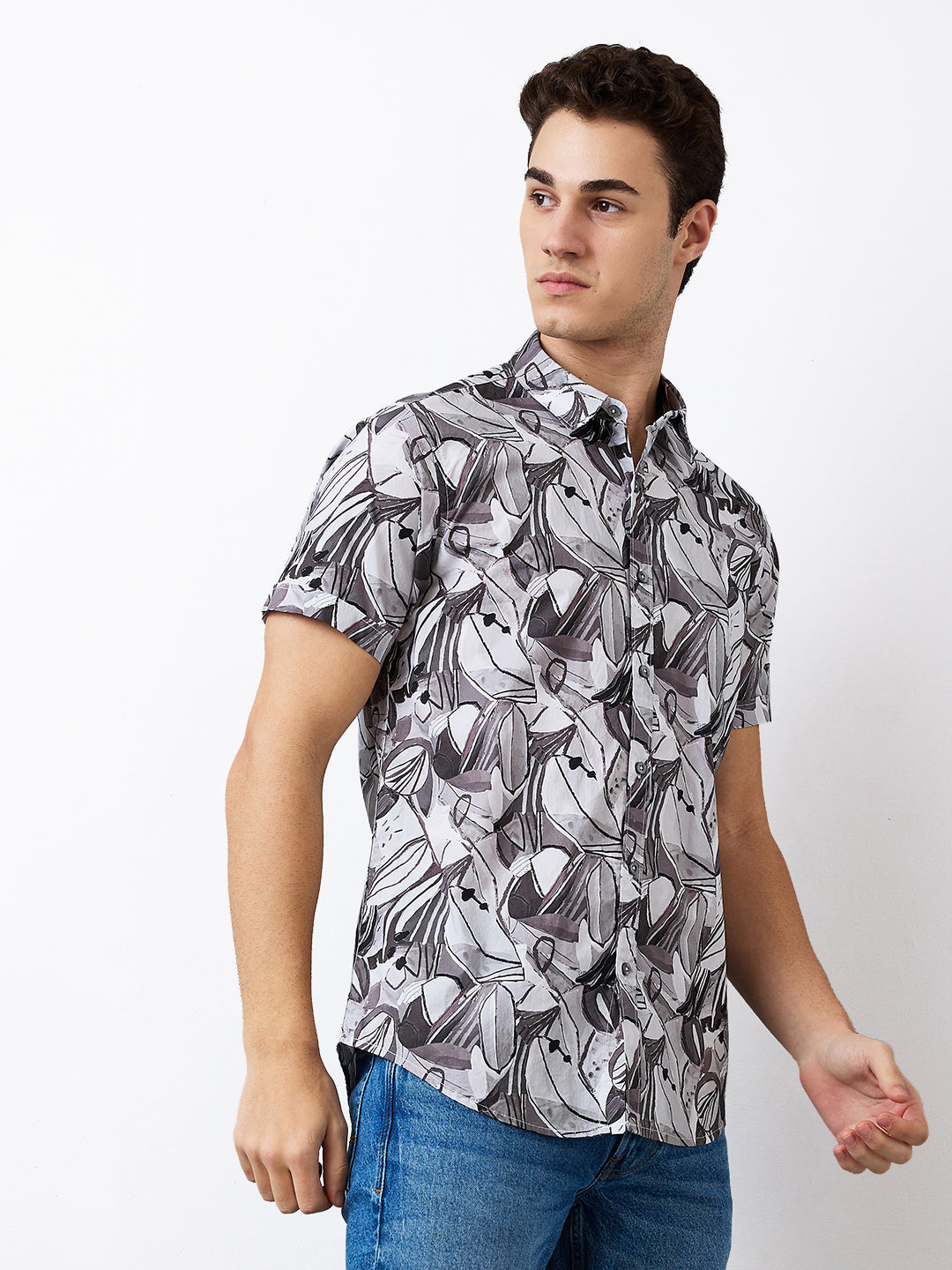 Spykar Grey Slim Fit Printed Half Sleeve Shirt For Men