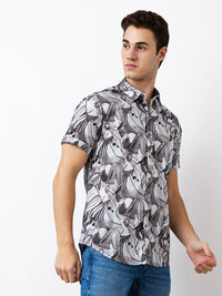 Men Shirt Print Grey Slim Fit
