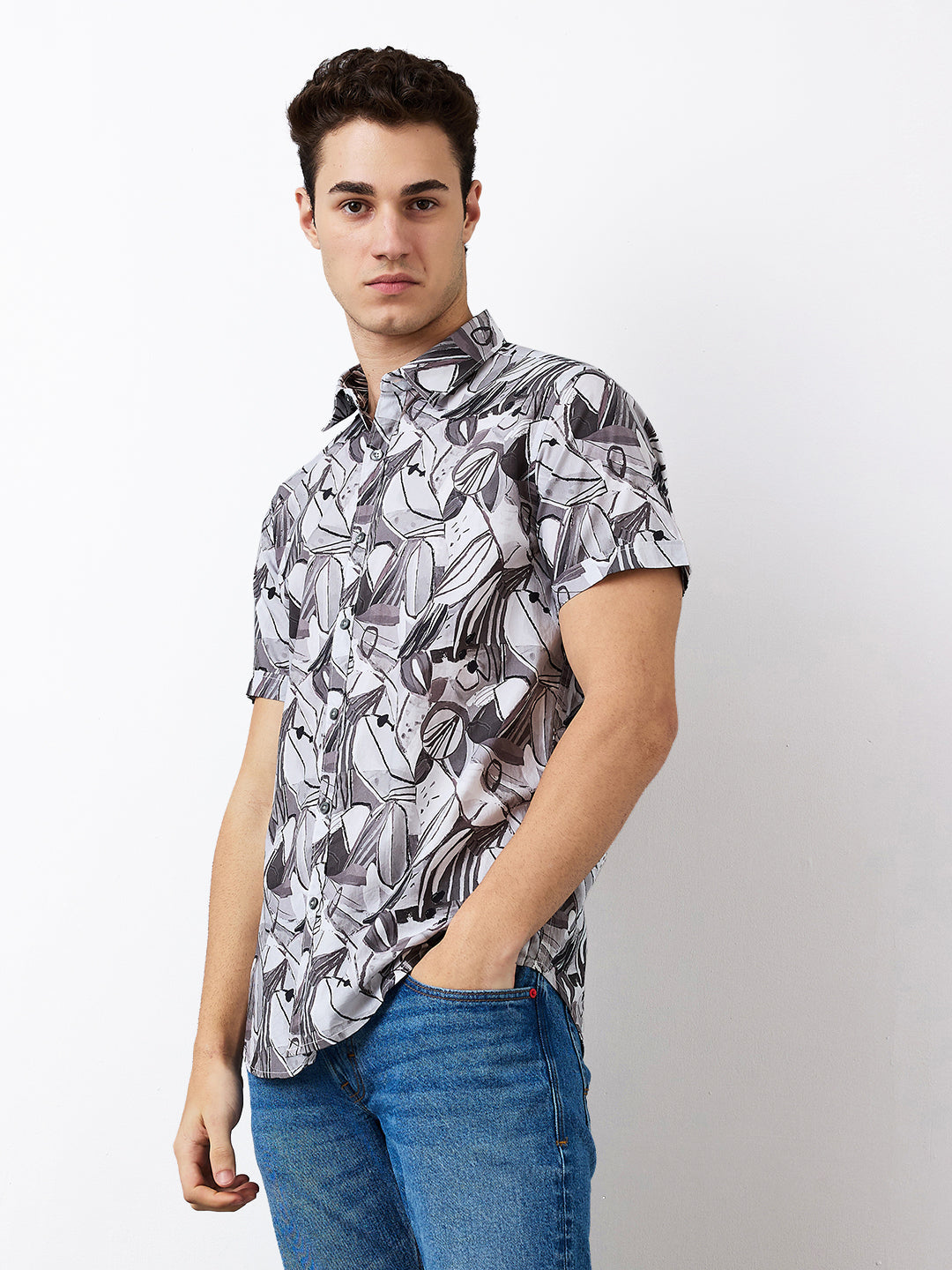 Spykar Grey Slim Fit Printed Half Sleeve Shirt For Men