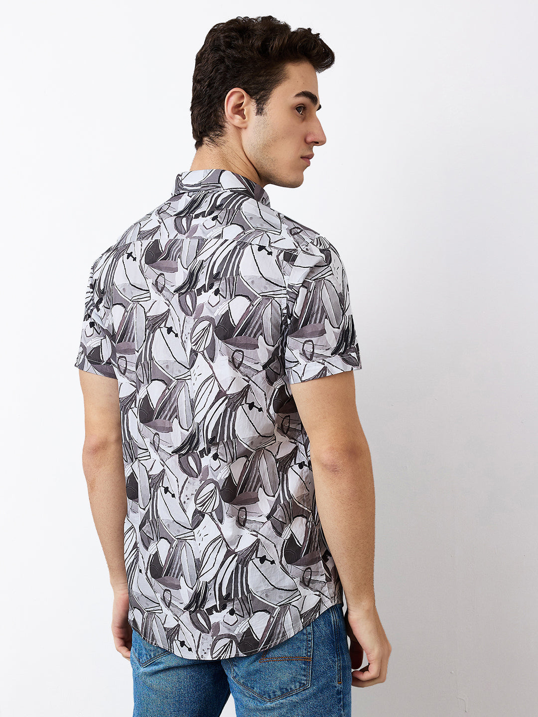 Spykar Grey Slim Fit Printed Half Sleeve Shirt For Men