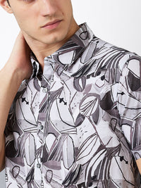 Men Shirt Print Grey Slim Fit