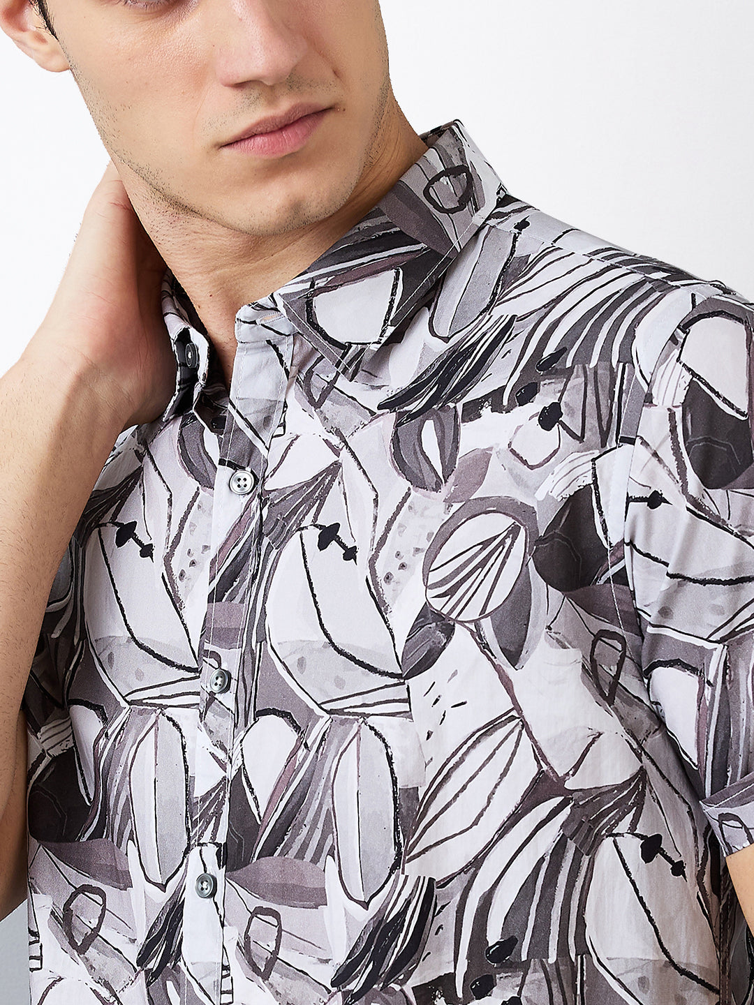 Men Shirt Print Grey Slim Fit