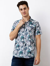 Men Shirt Print Green Slim Fit