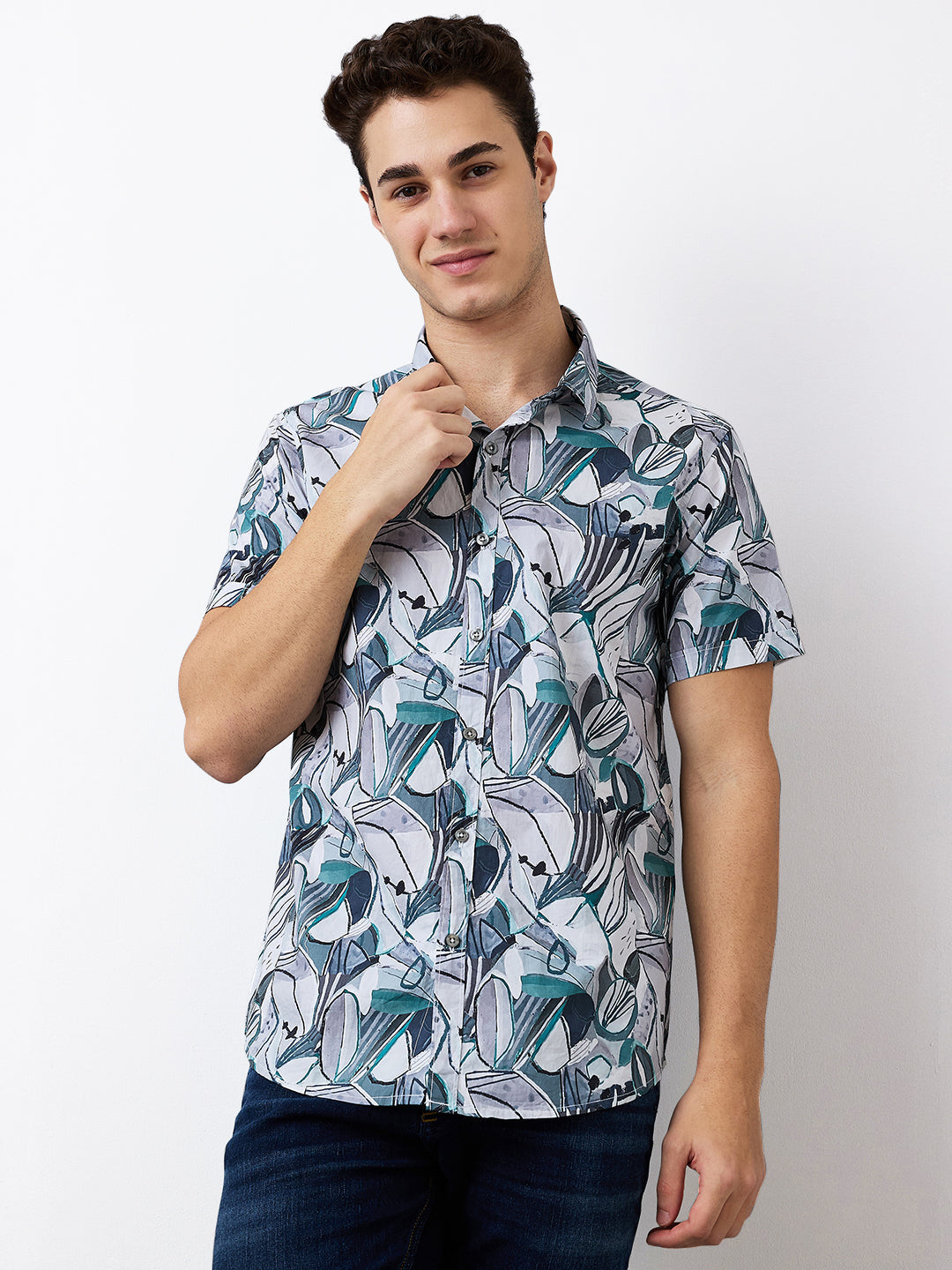 Men Shirt Print Green Slim Fit