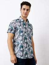 Men Shirt Print Green Slim Fit