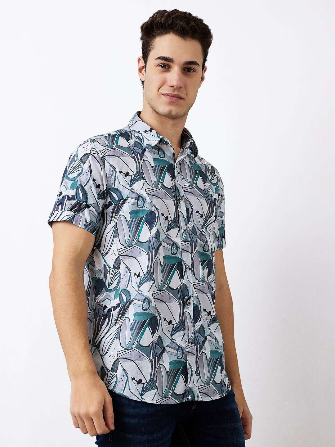 Men Shirt Print Green Slim Fit