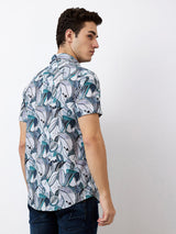 Men Shirt Print Green Slim Fit