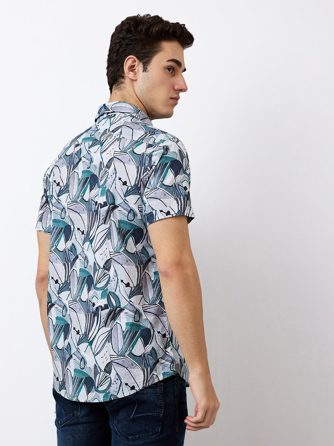 Men Shirt Print Green Slim Fit
