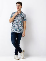 Men Shirt Print Green Slim Fit