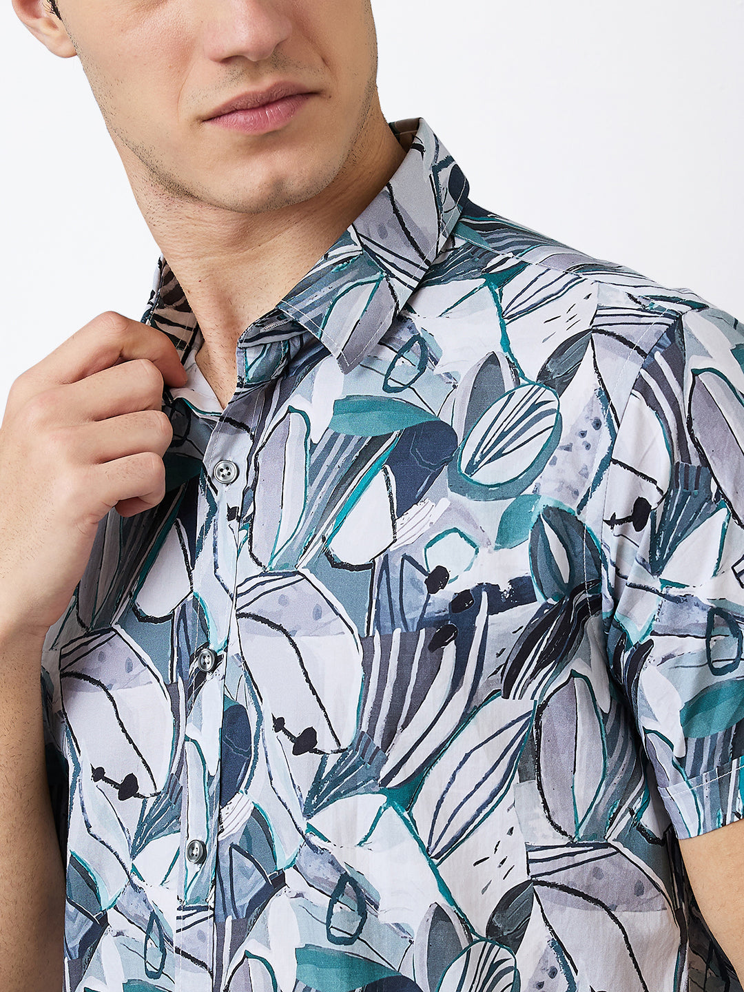 Men Shirt Print Green Slim Fit