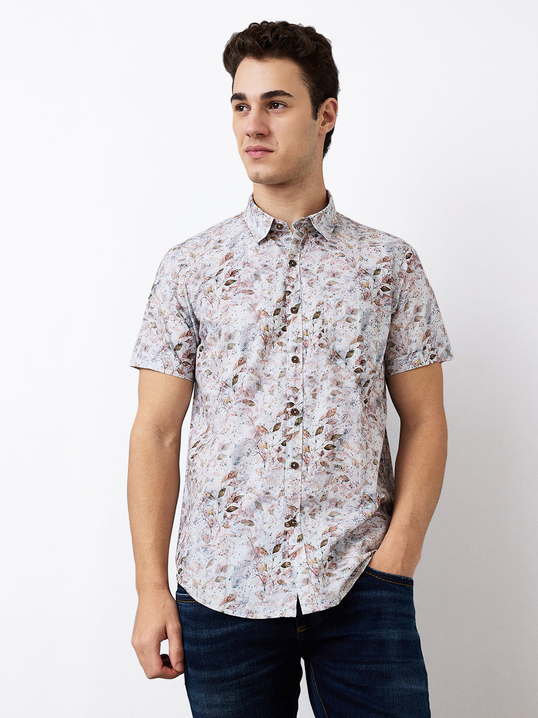 Spykar Pink Slim Fit Printed Half Sleeve Shirt For Men