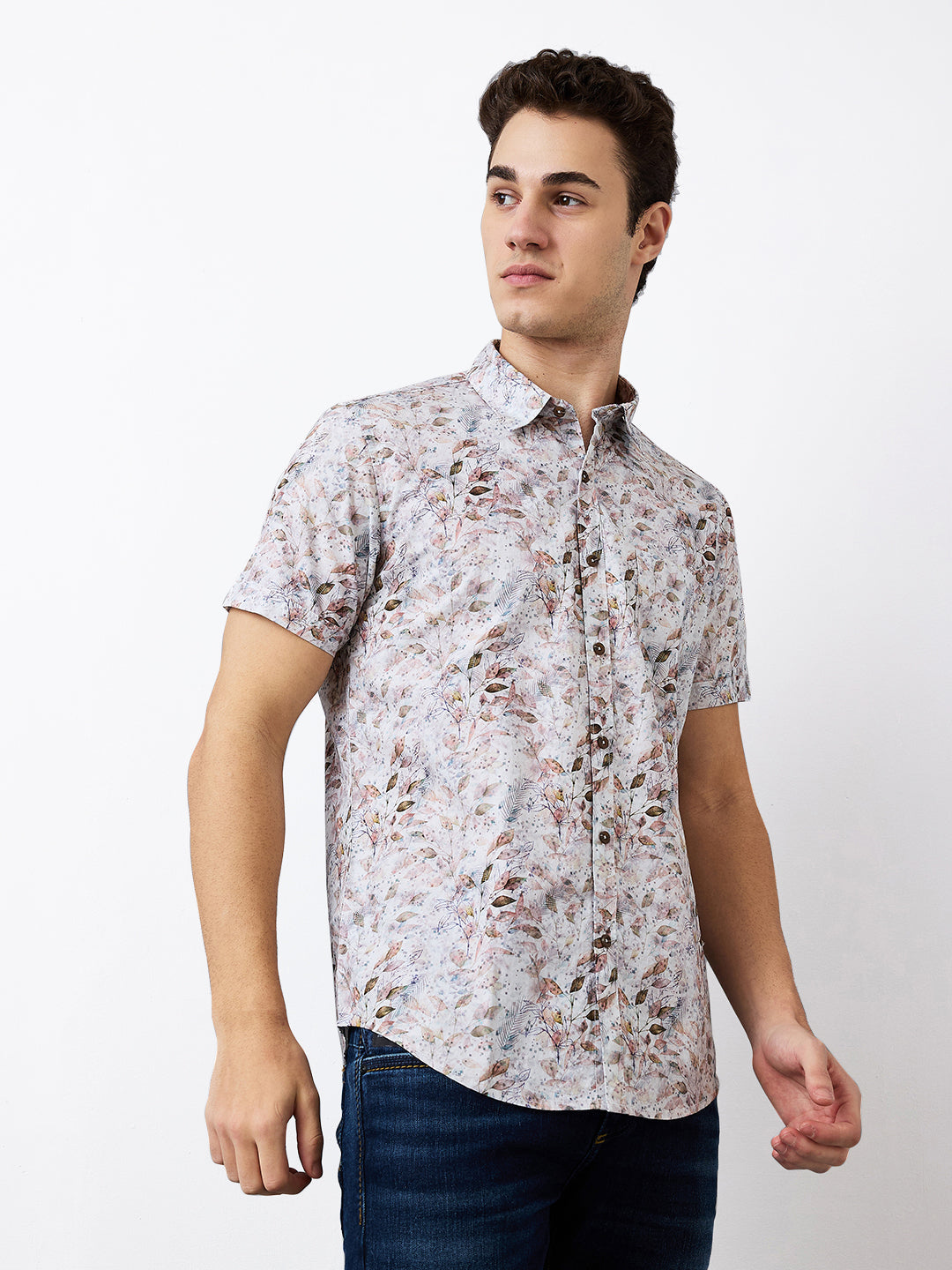 Spykar Pink Slim Fit Printed Half Sleeve Shirt For Men