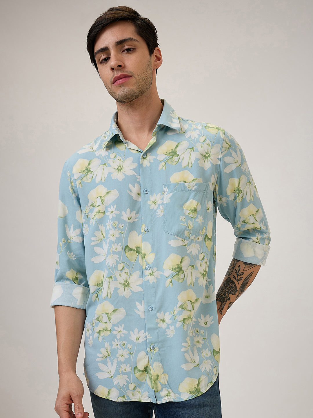 Spykar Slim Fit Blue Printed Casual Shirt For Men