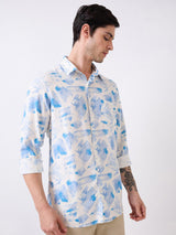 Men Shirt Print White Slim Fit