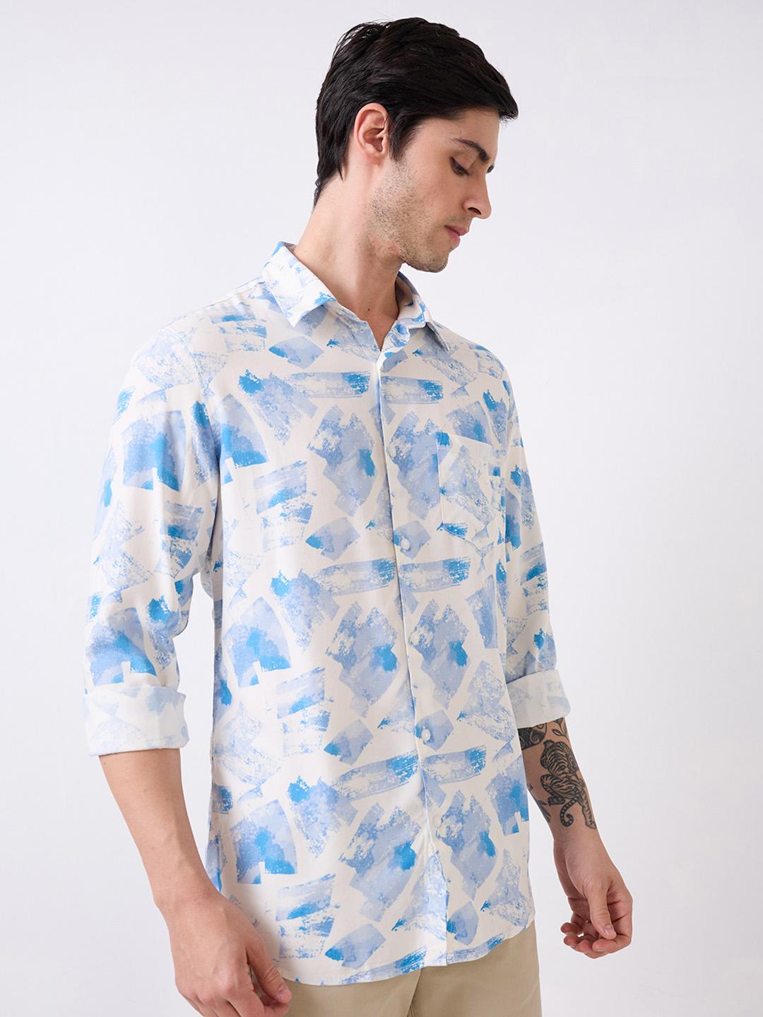 Men Shirt Print White Slim Fit