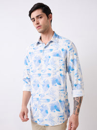 Men Shirt Print White Slim Fit