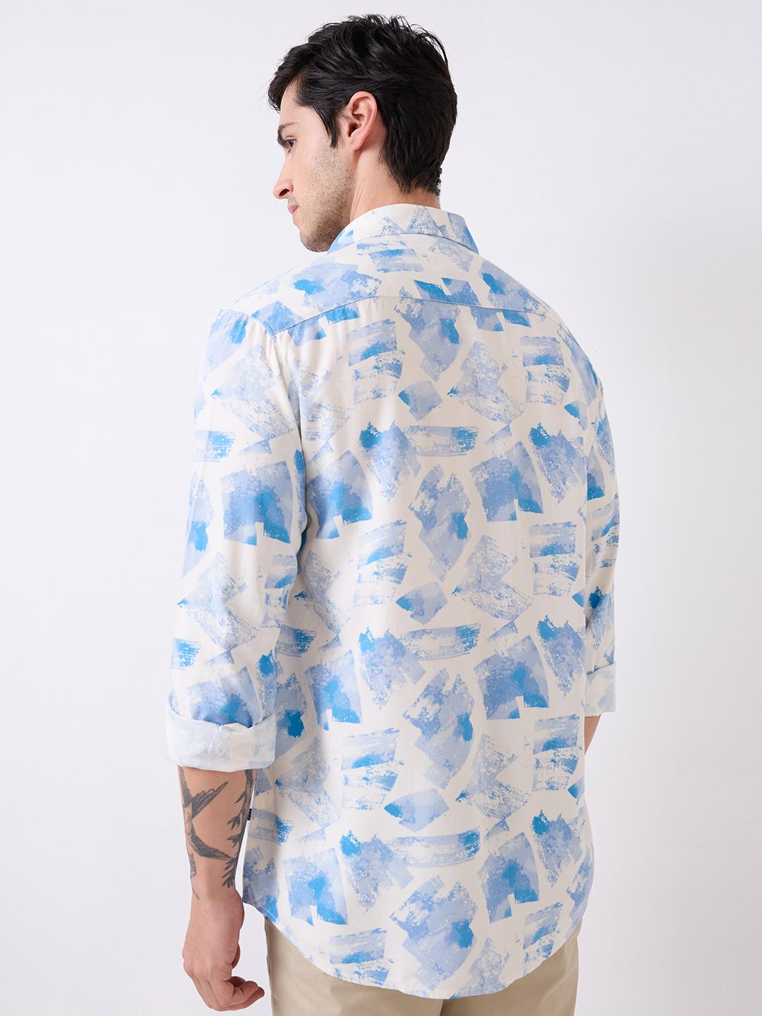 Men Shirt Print White Slim Fit