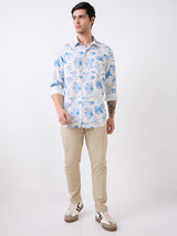 Men Shirt Print White Slim Fit