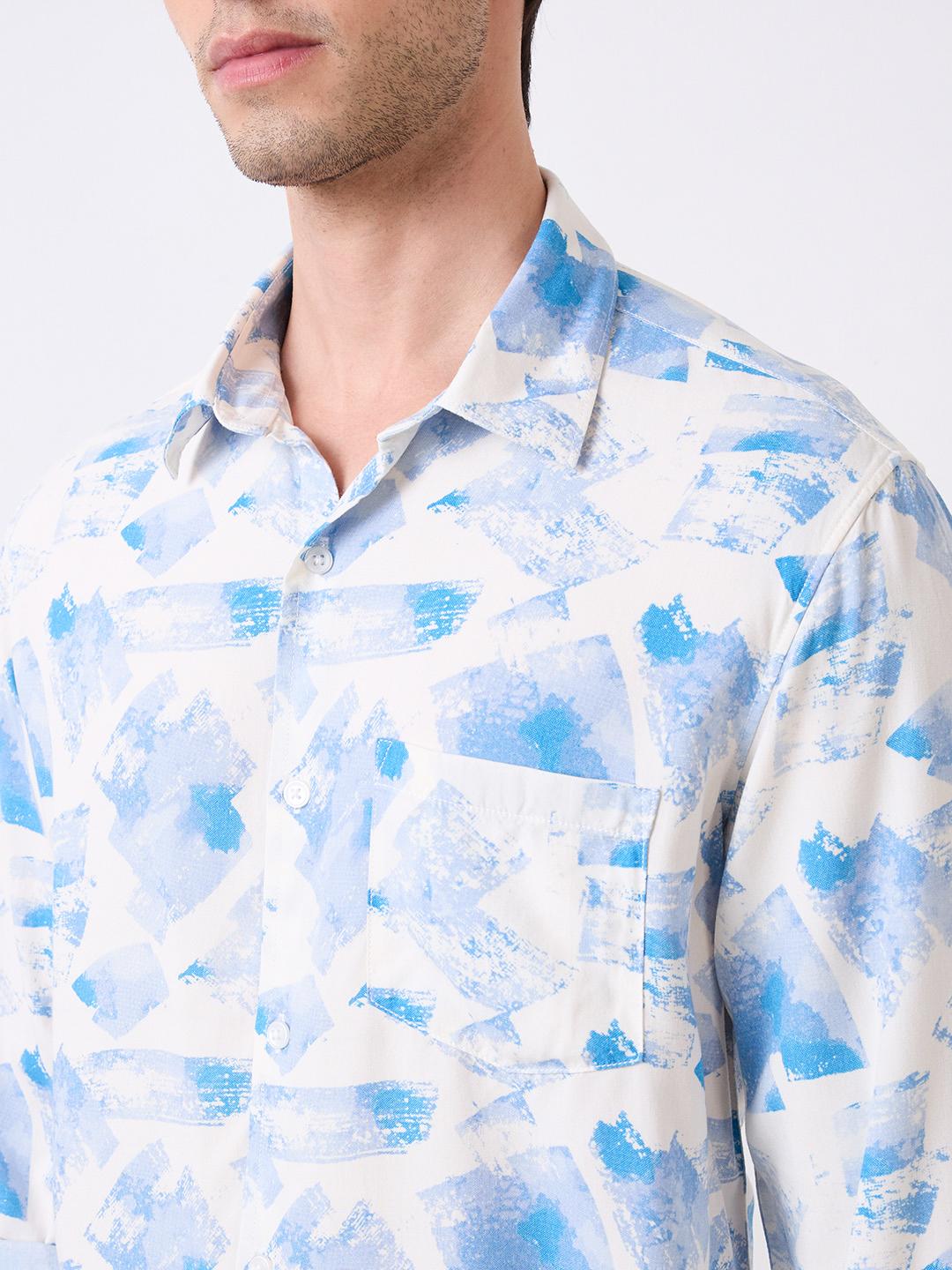 Men Shirt Print White Slim Fit