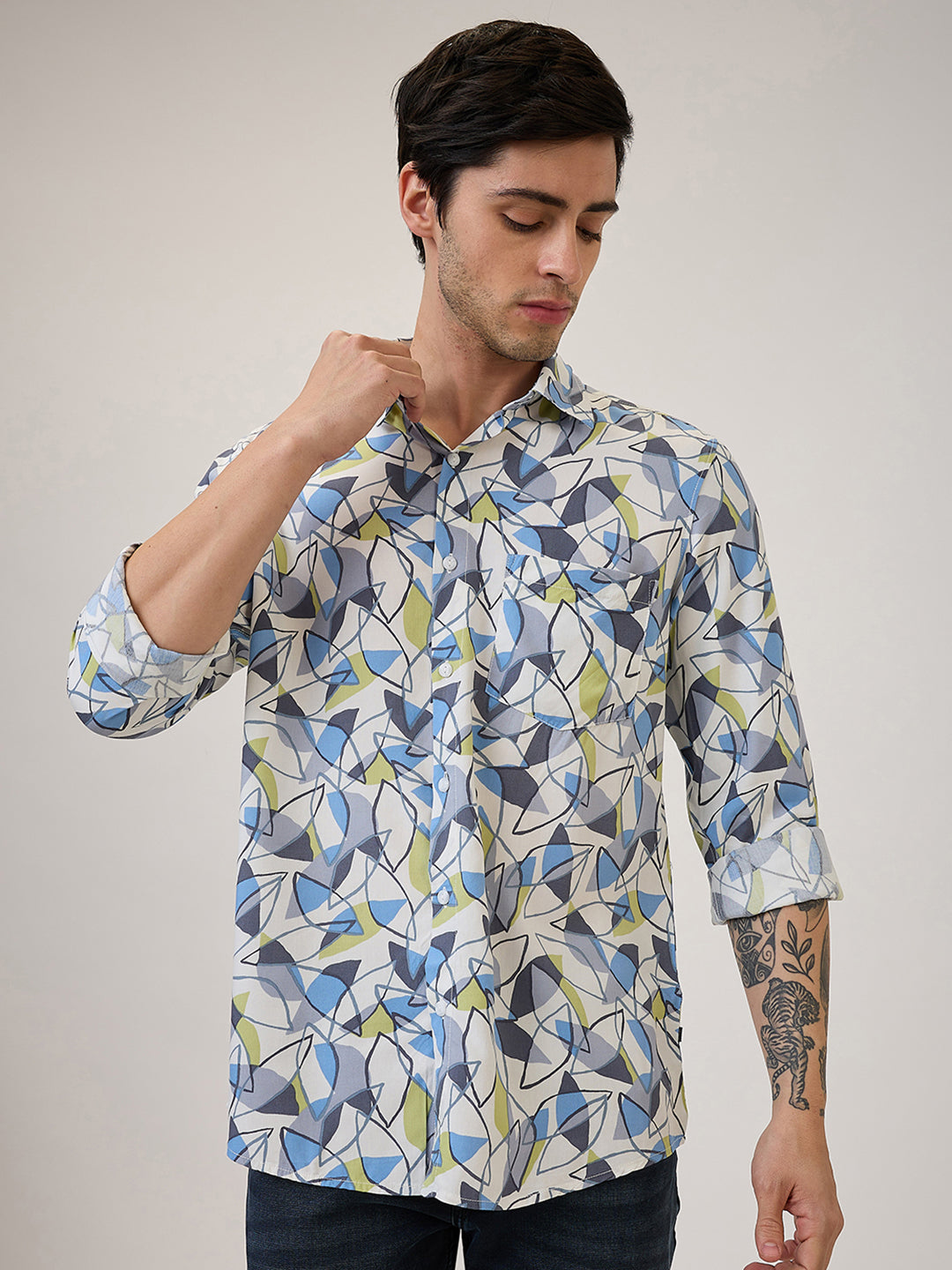 Spykar Slim Fit Grey Printed Casual Shirt For Men