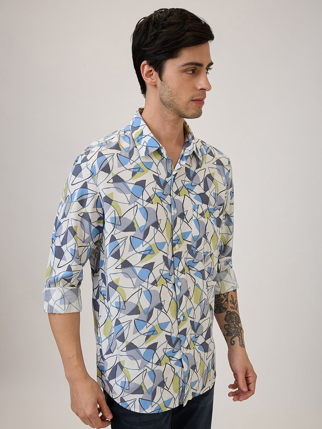Spykar Slim Fit Grey Printed Casual Shirt For Men