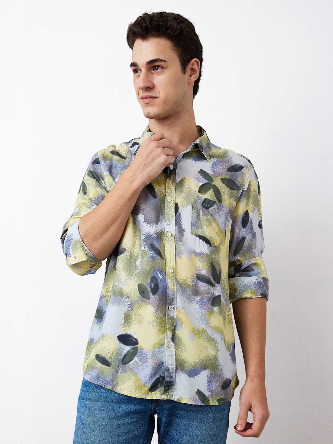 Men Shirt Print Blue Slim Fit
