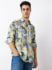 Men Shirt Print Blue Slim Fit