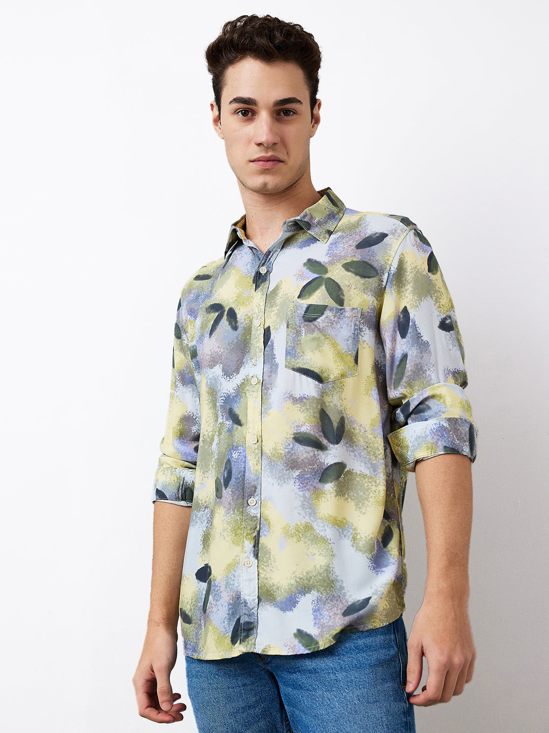 Spykar Blue Slim Fit Printed Full Sleeve Shirt For Men