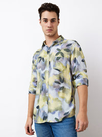 Men Shirt Print Blue Slim Fit
