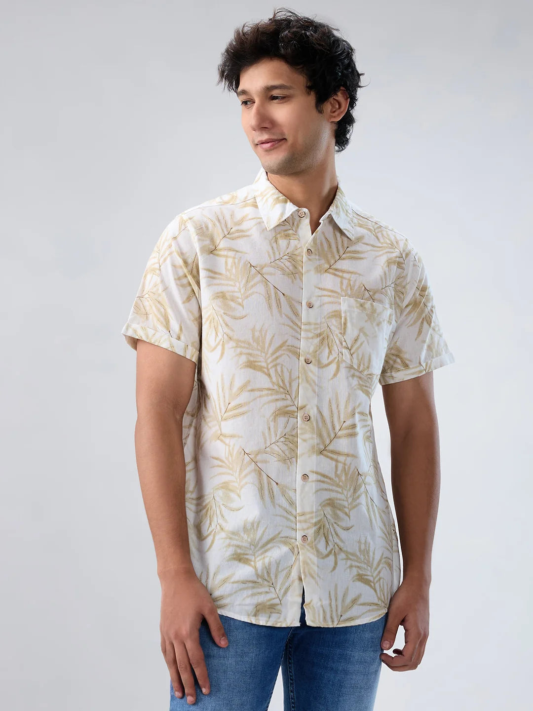 Men Shirt Print Beige Regular Fit