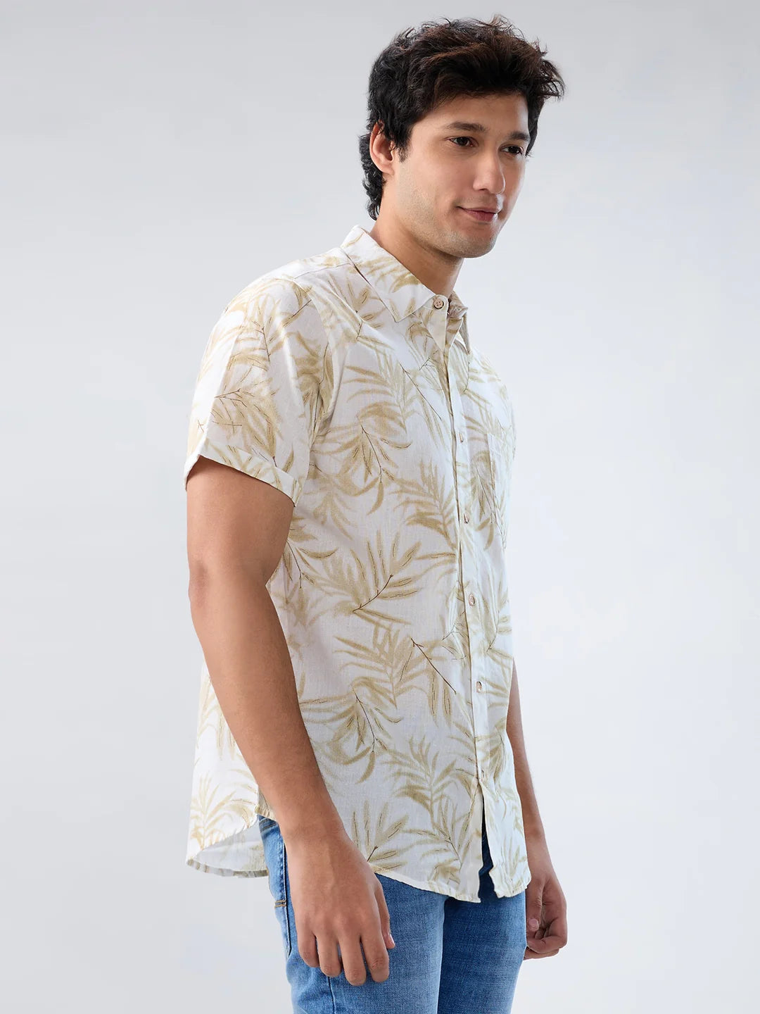 Men Shirt Print Beige Regular Fit