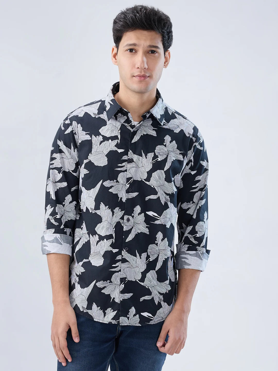 Men Shirt Print Black Regular Fit