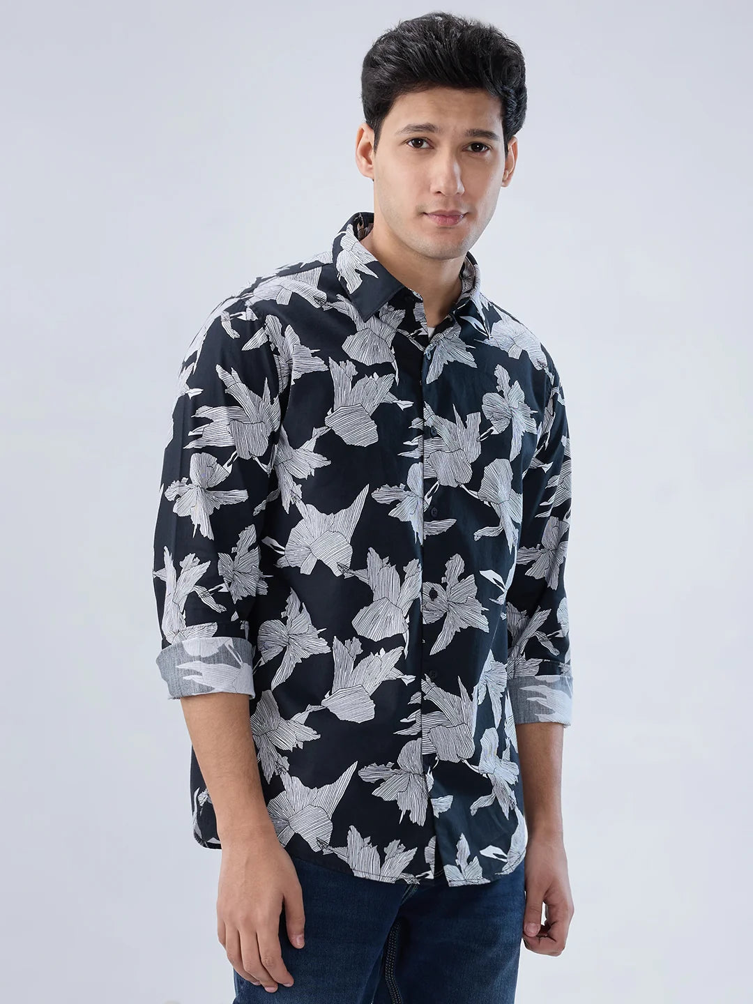 Men Shirt Print Black Regular Fit