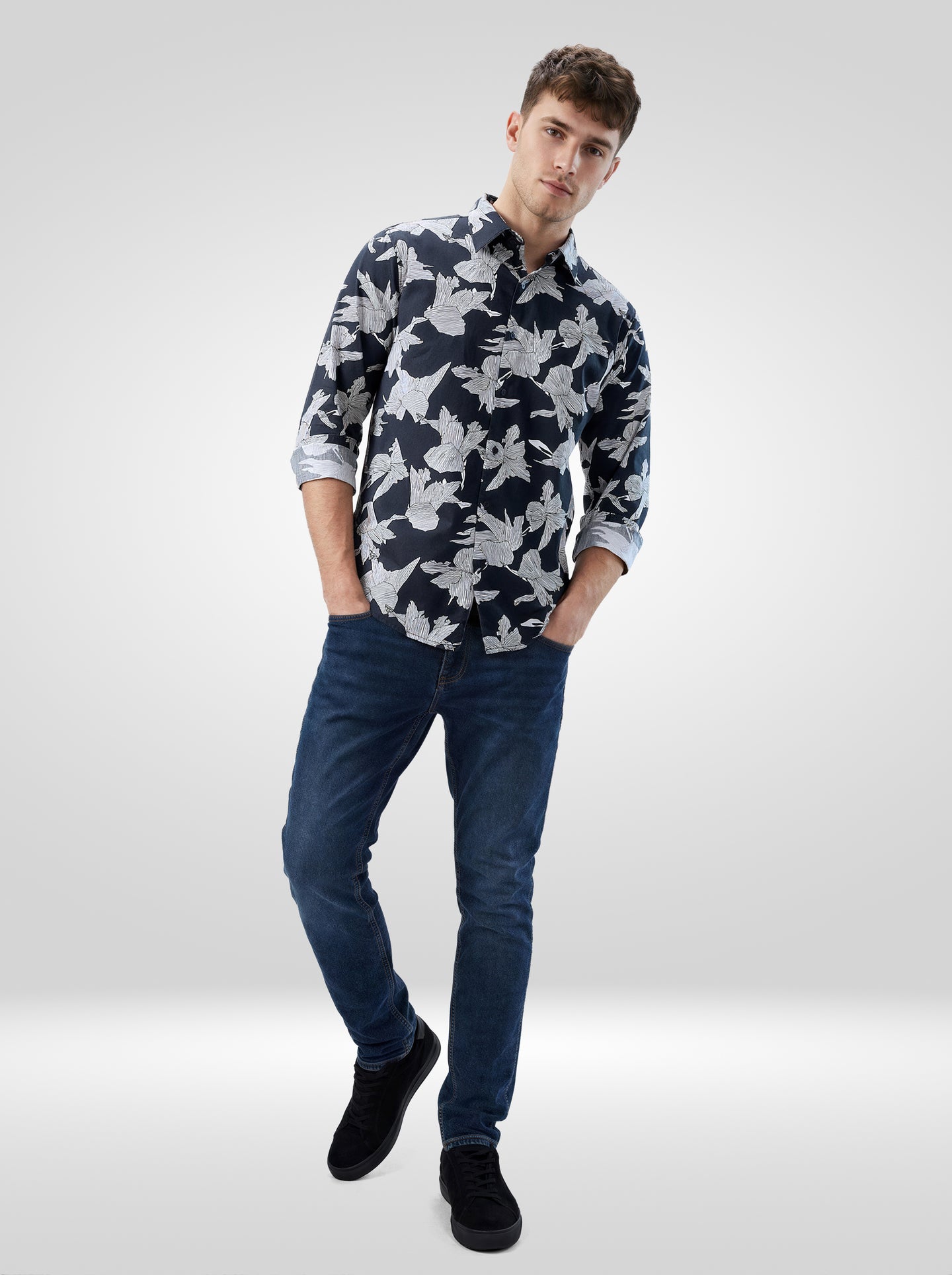 Men Shirt Print Black Regular Fit