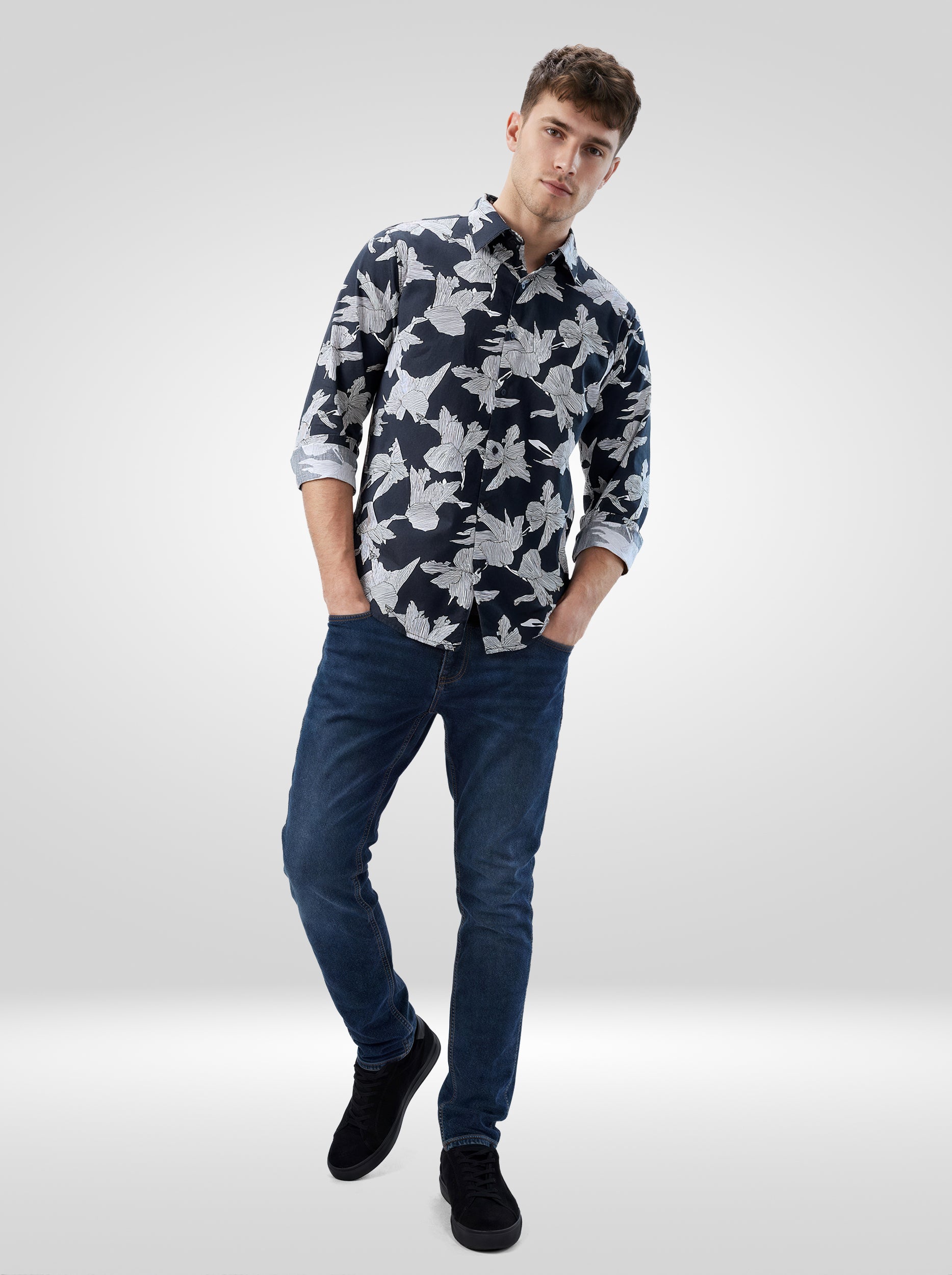 Men Shirt Print Black Regular Fit