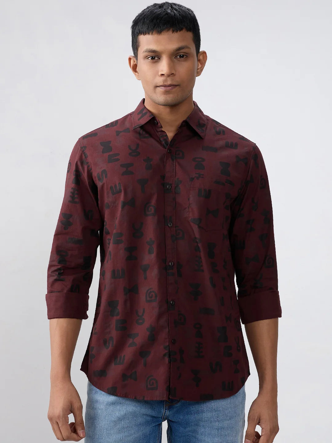 Men Shirt Print Red Regular Fit