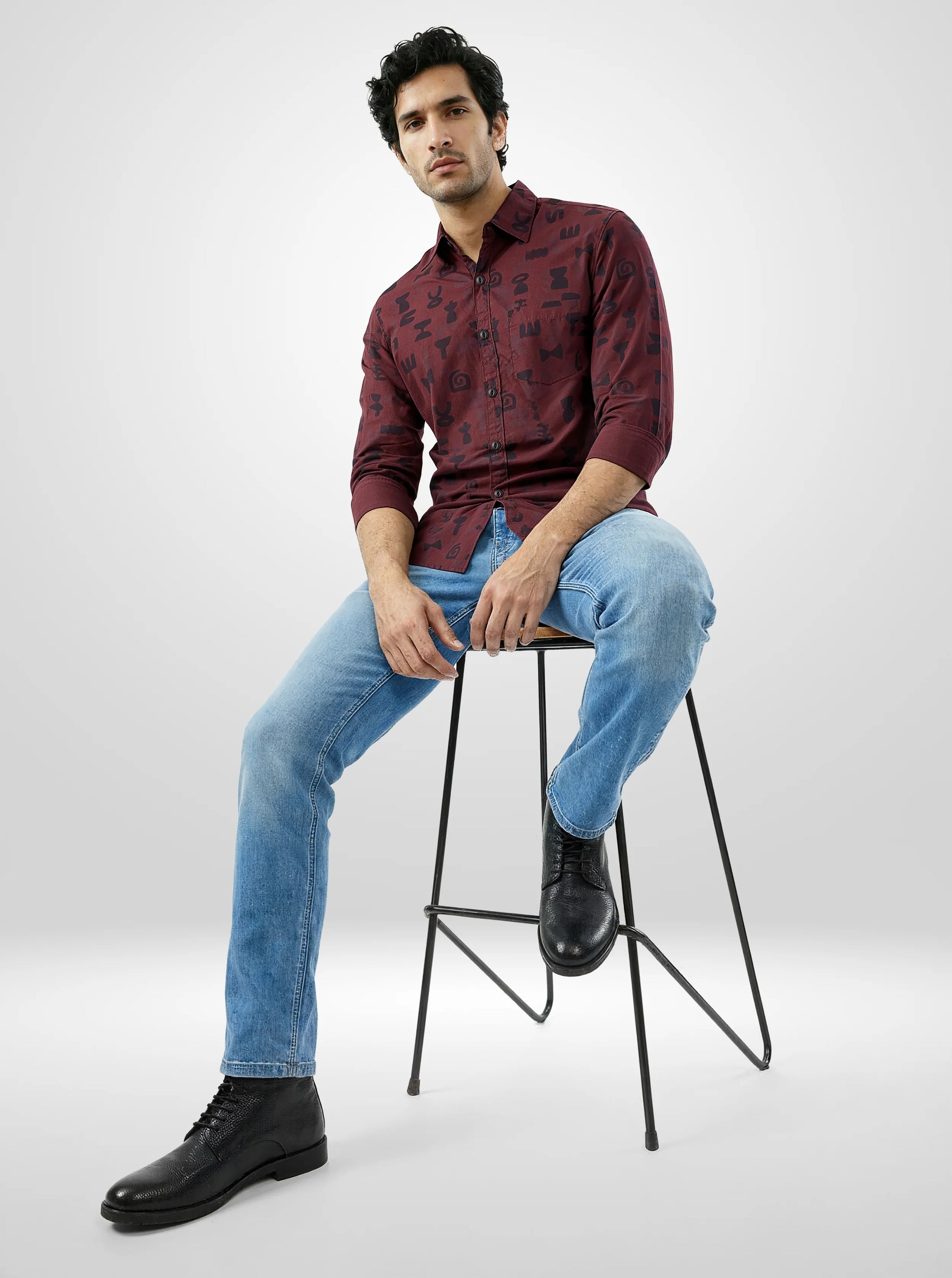 Men Shirt Print Red Regular Fit