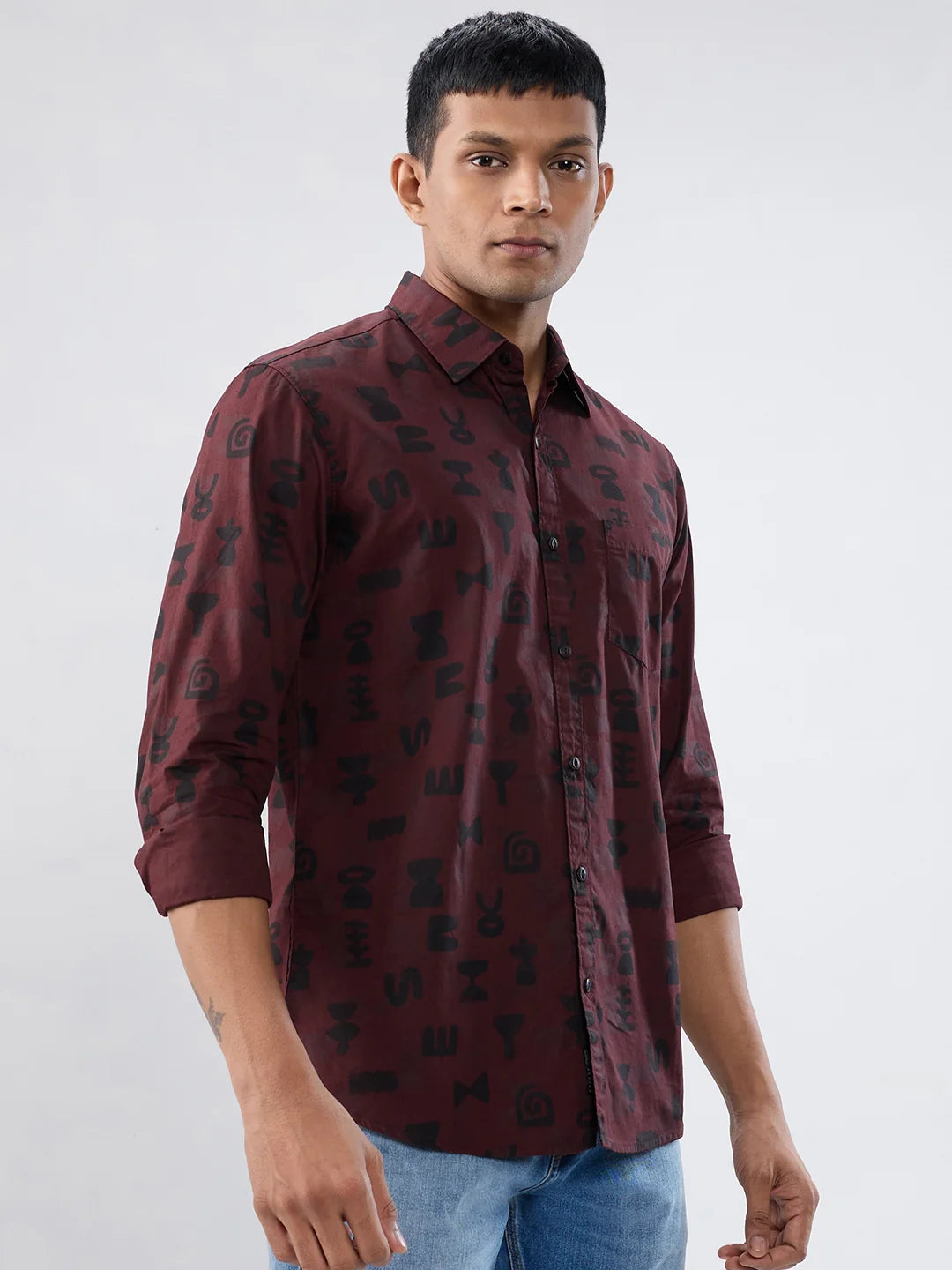 Men Shirt Print Red Regular Fit