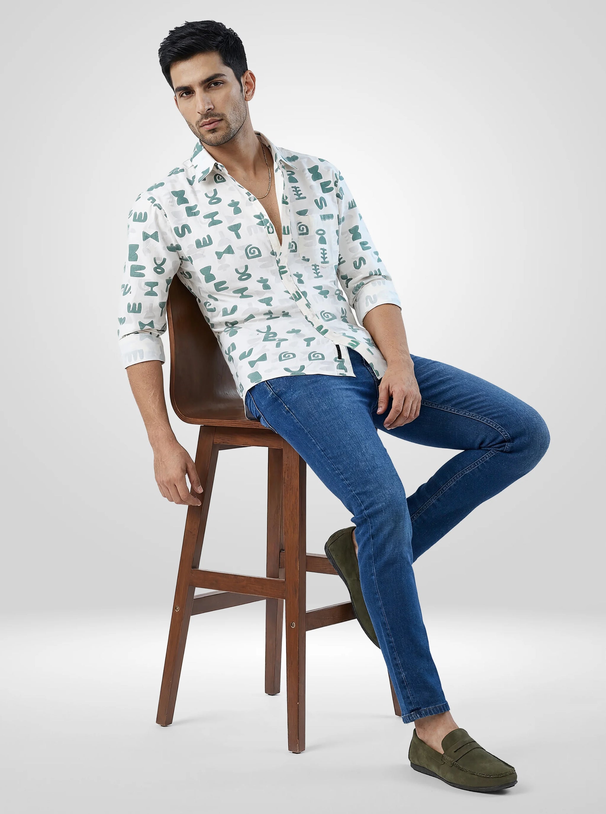Men Shirt Print Off White Regular Fit