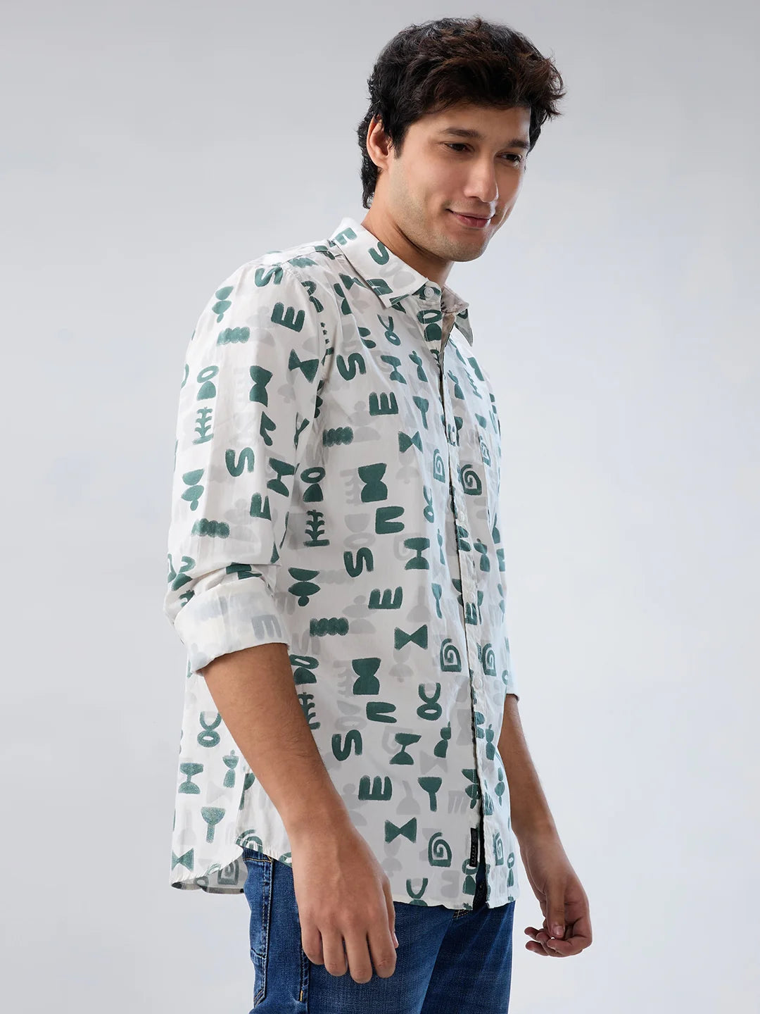 Men Shirt Print Off White Regular Fit