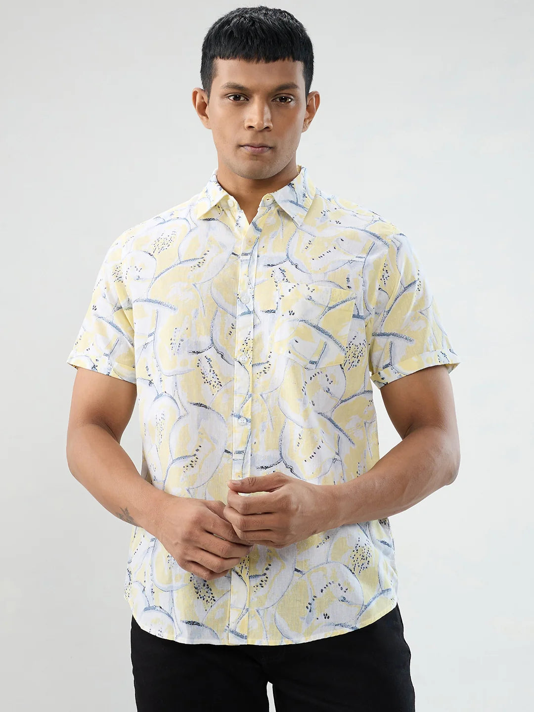 Men Shirt Print Yellow Regular Fit