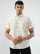 Men Shirt Print Yellow Regular Fit