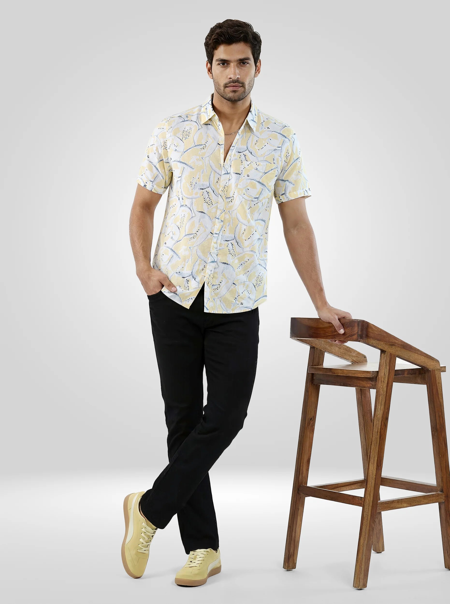 Men Shirt Print Yellow Regular Fit