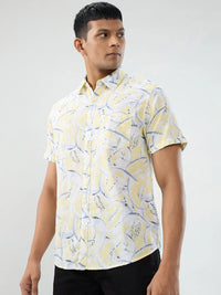 Men Shirt Print Yellow Regular Fit