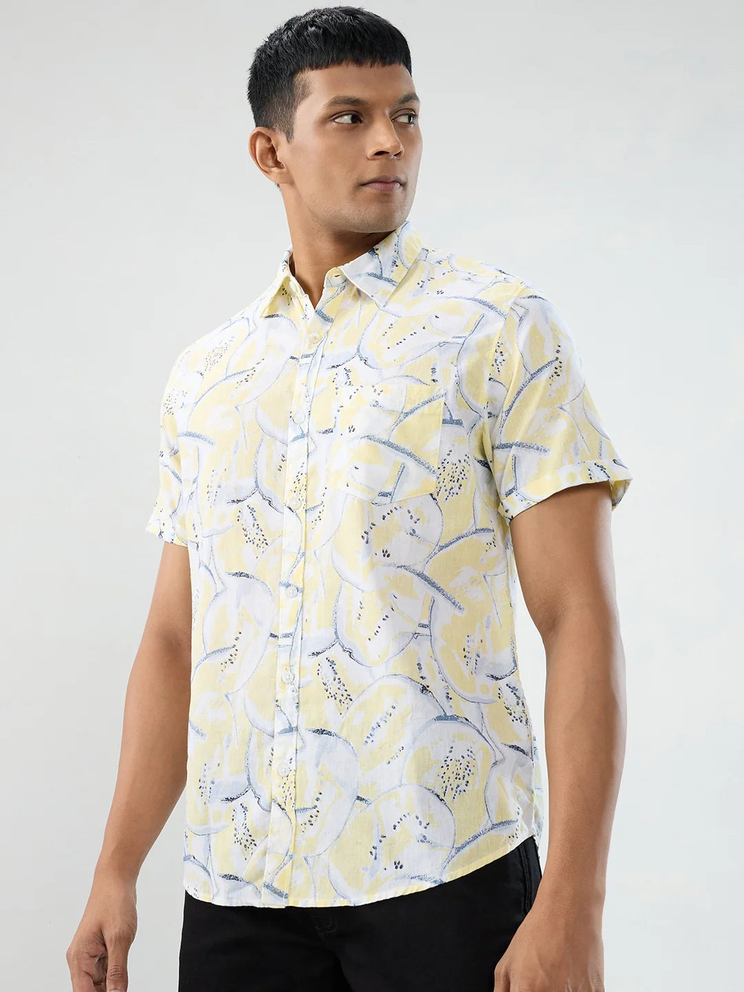 Men Shirt Print Yellow Regular Fit