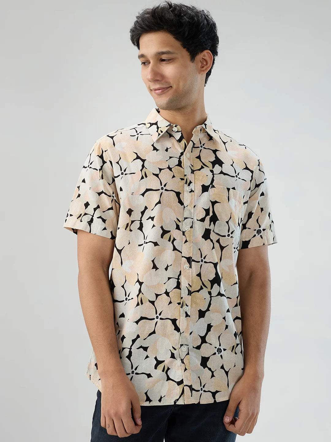 Men Shirt Print Beige Regular Fit