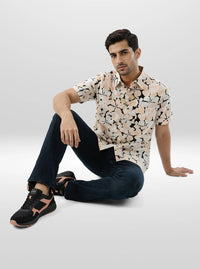 Men Shirt Print Beige Regular Fit